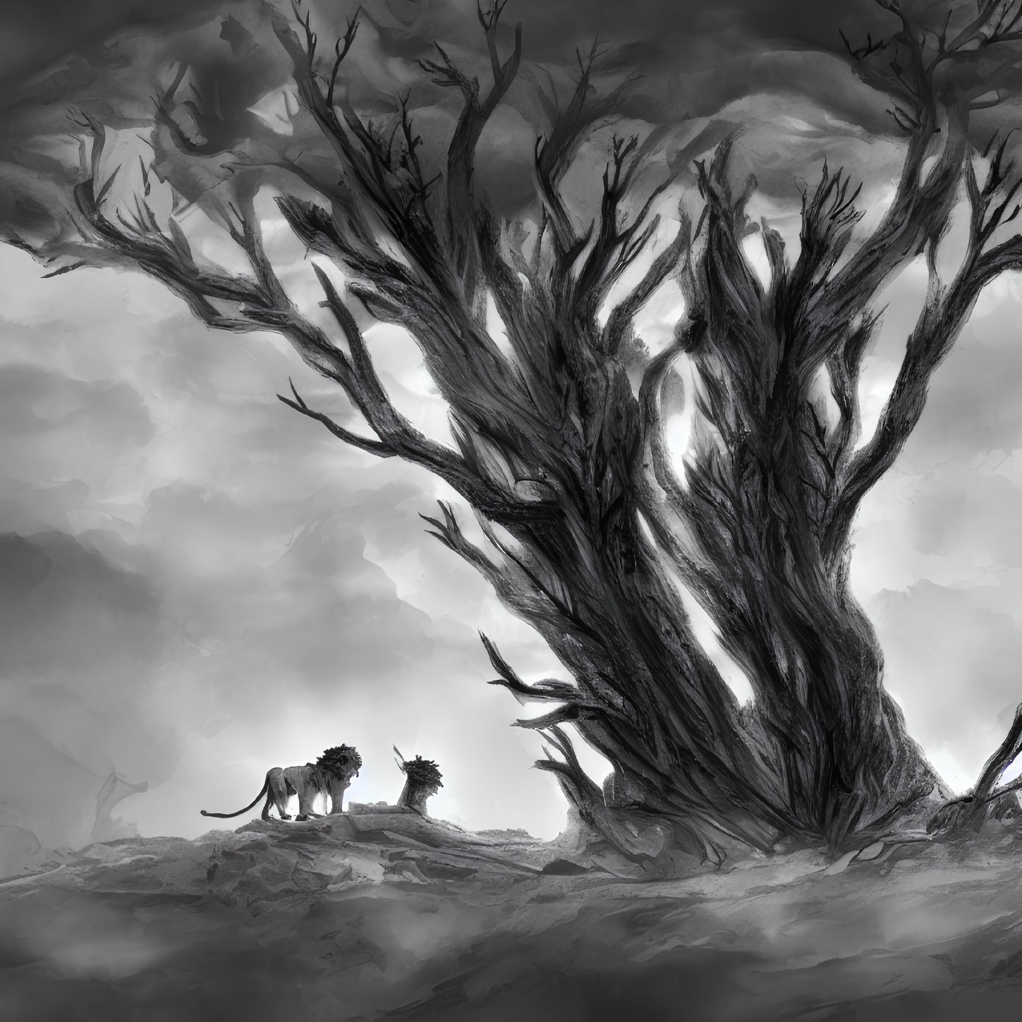 Misty monochromatic landscape with two resting lions