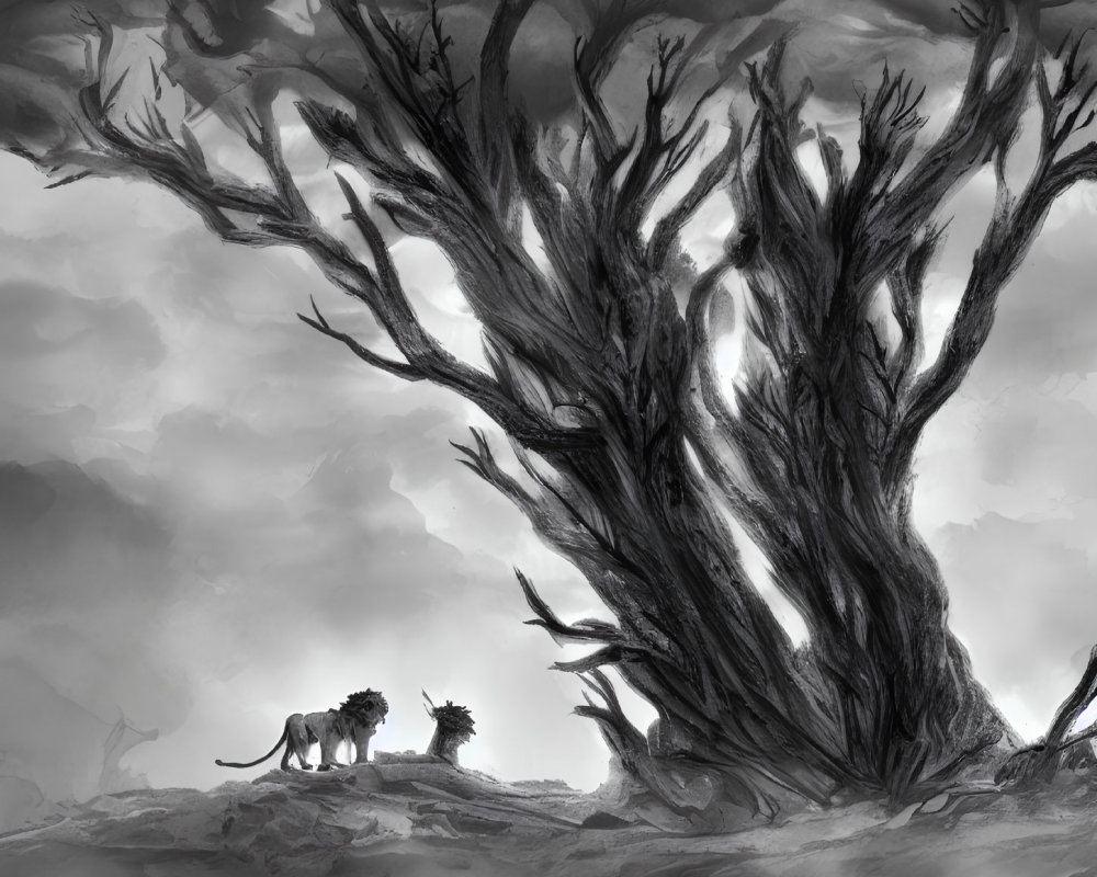 Misty monochromatic landscape with two resting lions