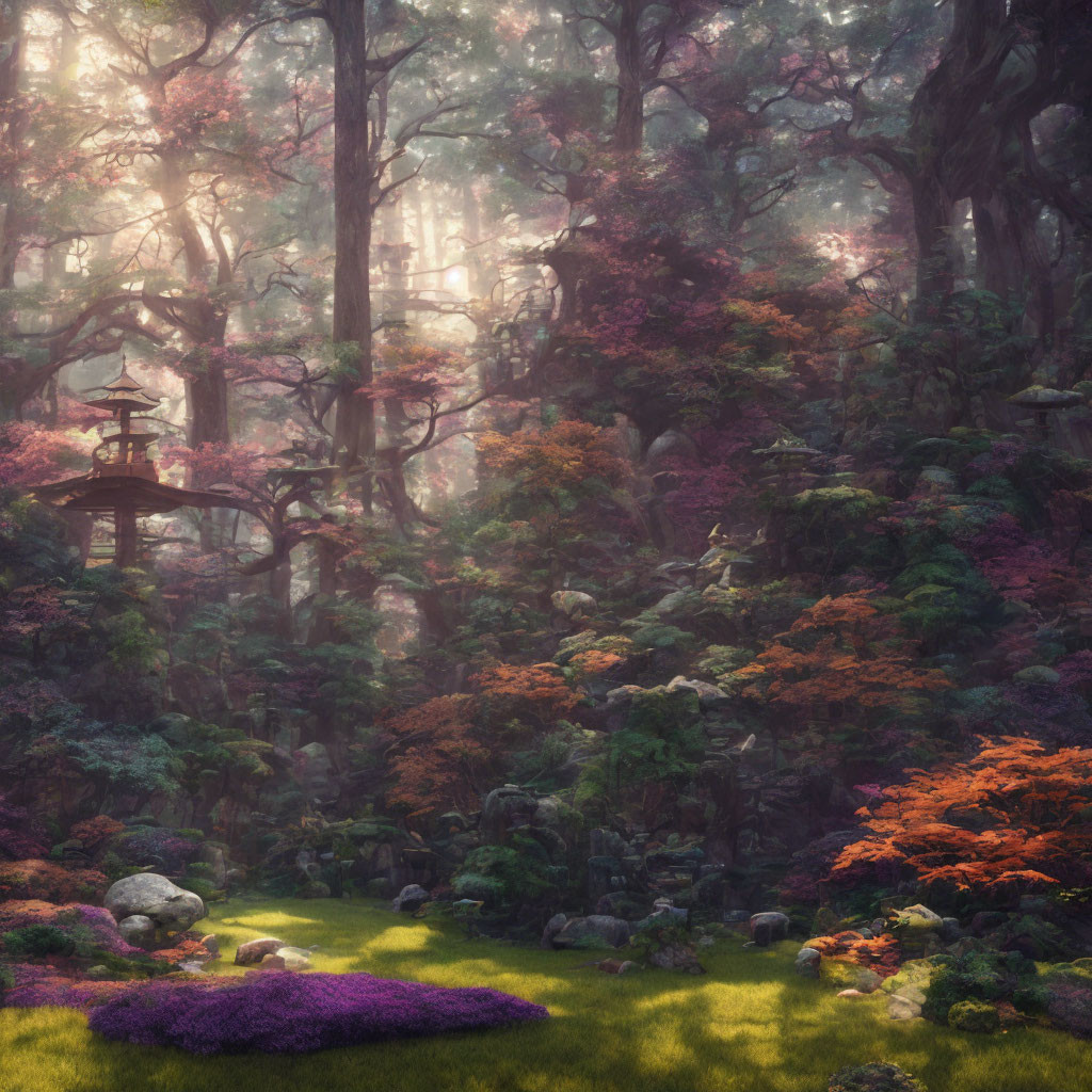 Misty Enchanted Forest with Autumn Trees and Pagoda