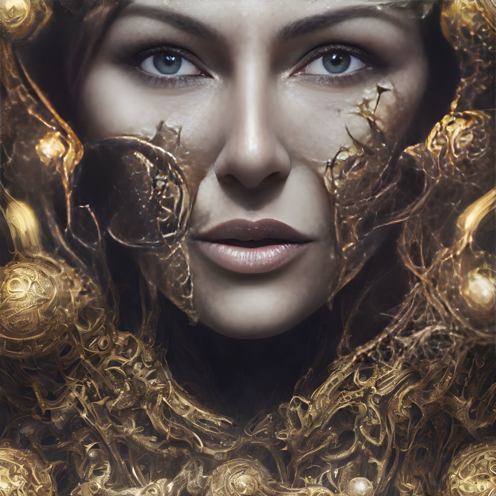 Woman with Golden Face Ornament in Mystical Setting