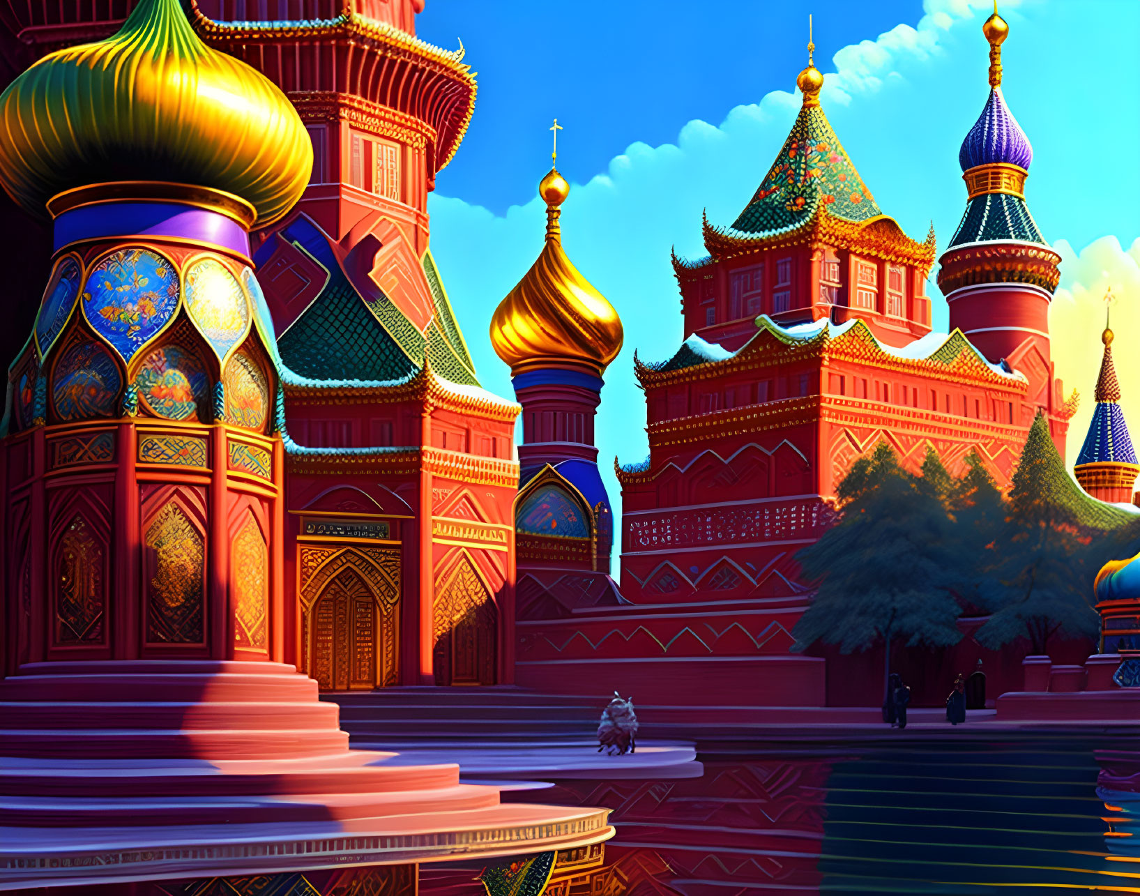 Colorful digital illustration of Russian-style cathedral with onion domes and intricate patterns