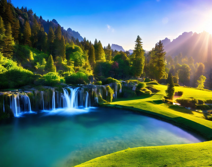 Tranquil waterfall in lush forest under radiant sun