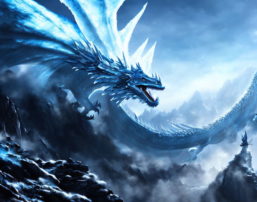 Blue dragon flying over icy mountains and dark skies