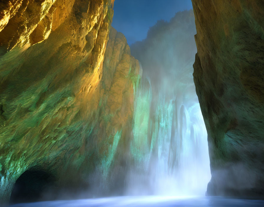 Natural cave scene with sunlight, mist, waterfall, and green hues