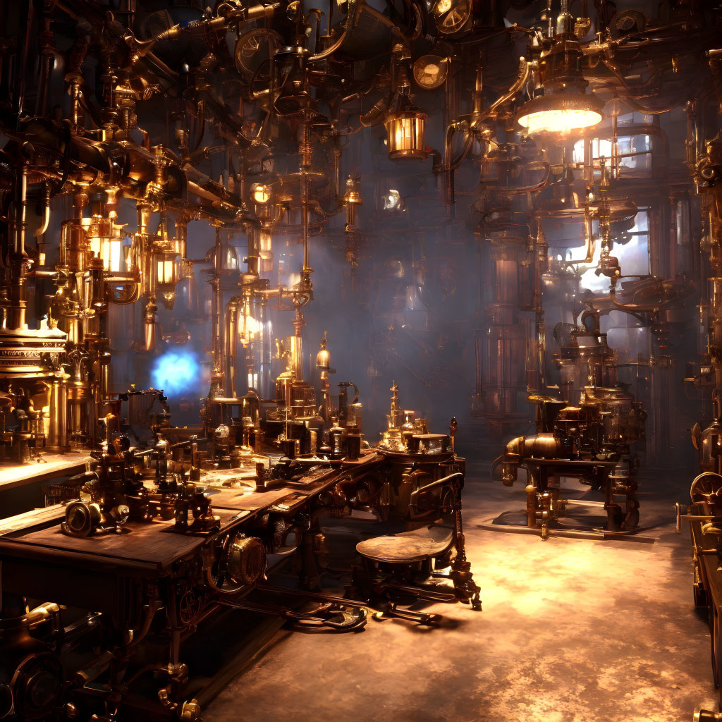 Dimly Lit Steampunk-Themed Room with Machinery and Industrial Pipes