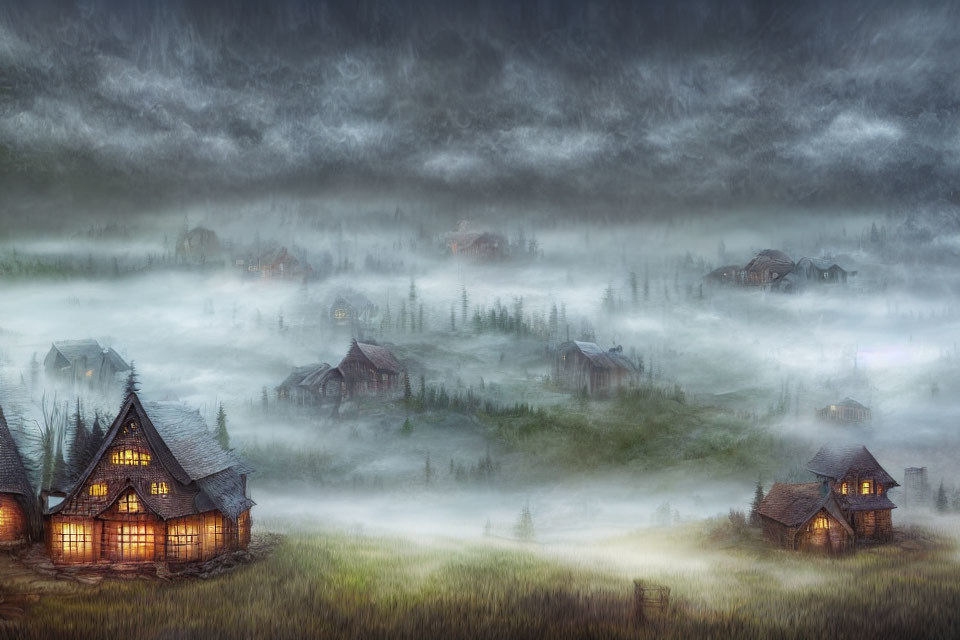 Mystical village in fog with glowing windows and dusky landscape