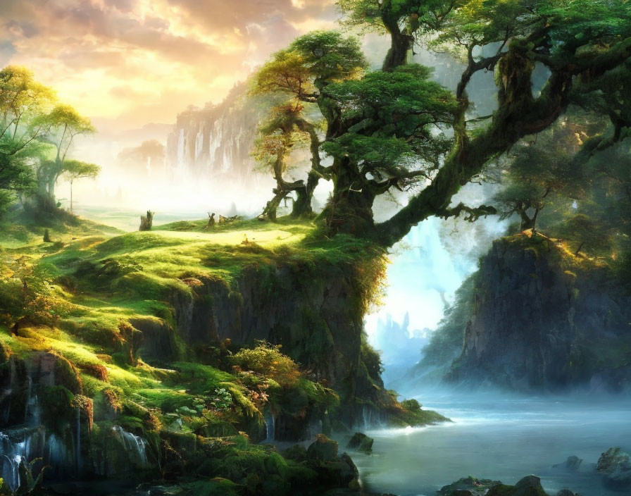 Majestic trees, cascading waterfalls in lush green landscape