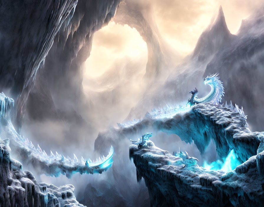 Fantasy landscape: dragons on icy cliffs under dramatic sky