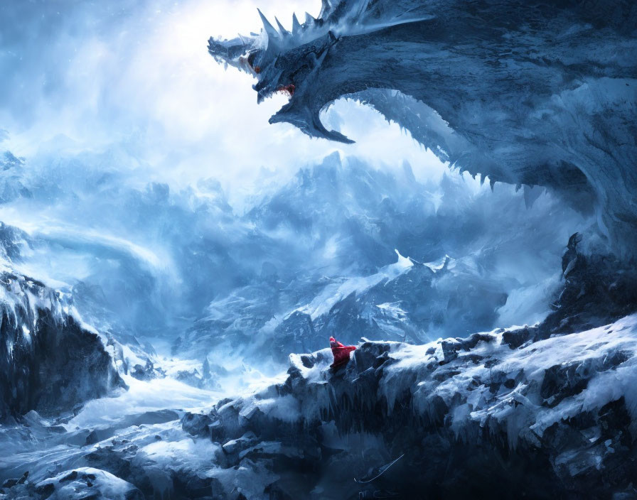 Gigantic ice dragon and lone figure in red on snowy cliff