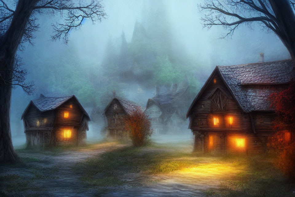 Foggy village with cozy cabins in autumn setting