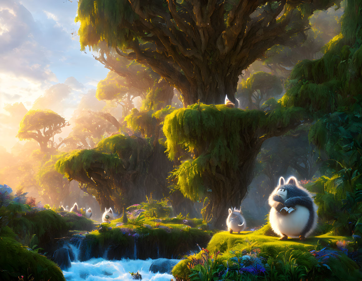 Majestic tree and fluffy creatures in enchanting forest scene