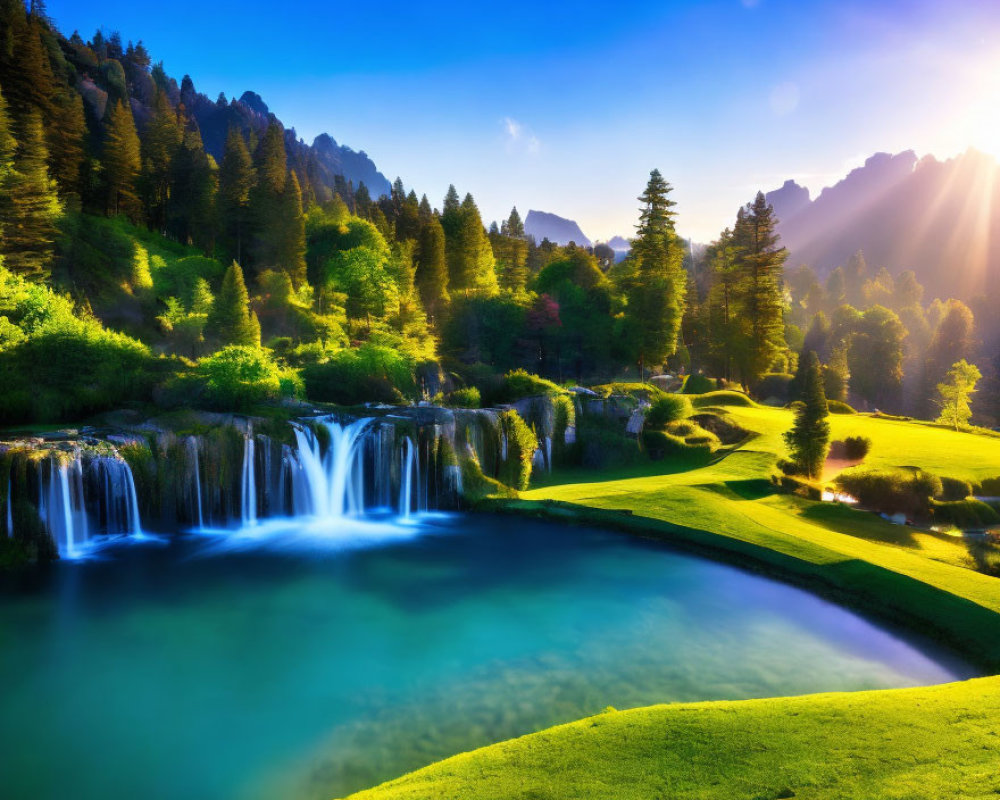 Tranquil waterfall in lush forest under radiant sun