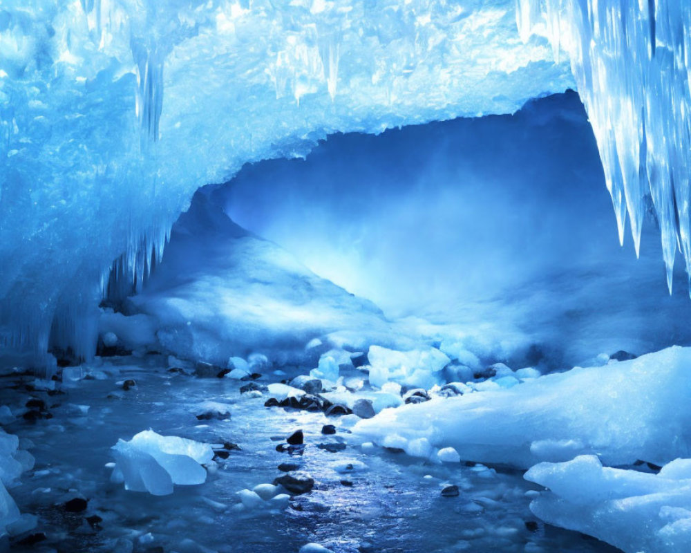 Misty Glacial Cave with Blue Ice, Icicles, and Stream