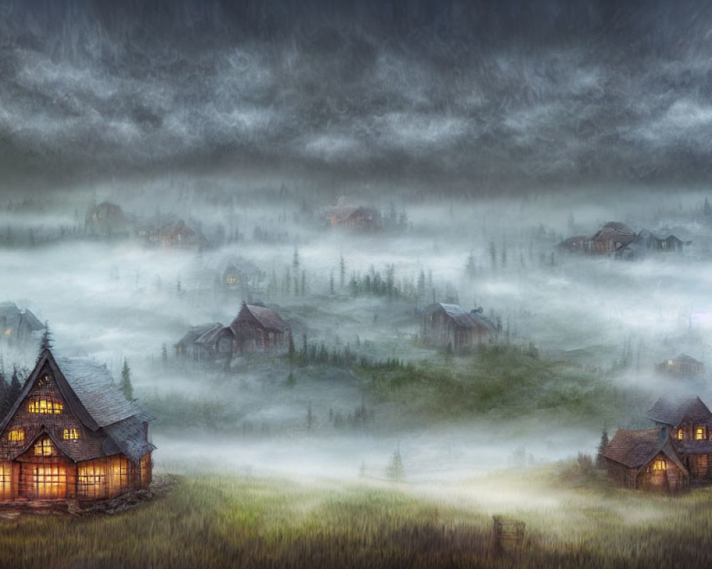 Mystical village in fog with glowing windows and dusky landscape