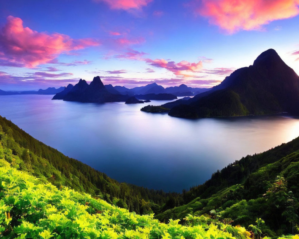 Tranquil landscape: Serene lake, lush greenery, majestic mountains, colorful sunrise.