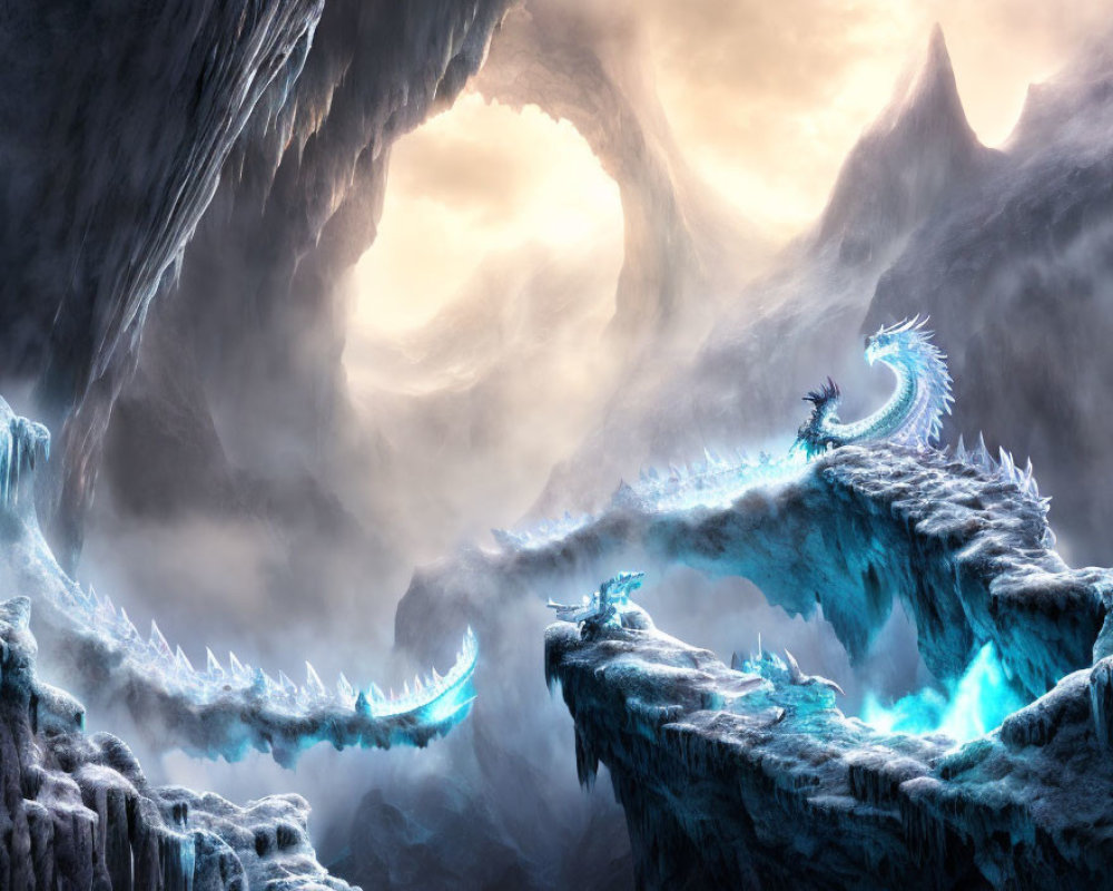 Fantasy landscape: dragons on icy cliffs under dramatic sky