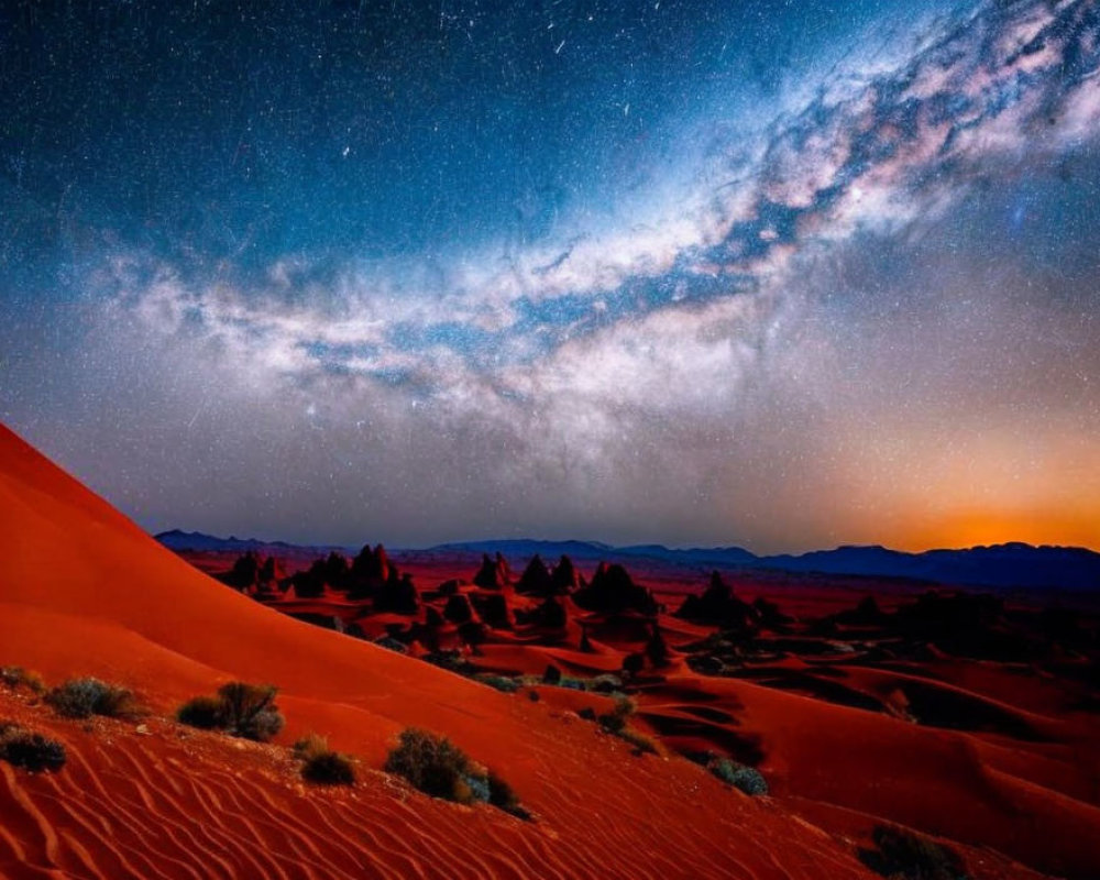 Desert dunes under starry night sky with twilight gradient horizon