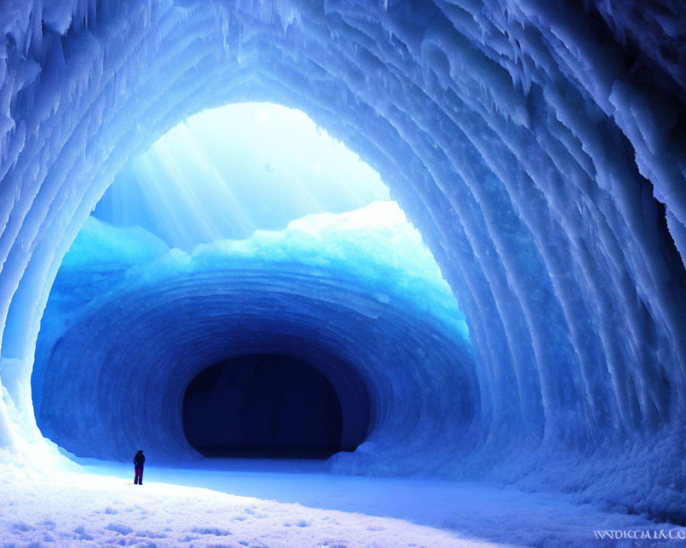 Person in Brilliantly Lit Icy Blue Cave