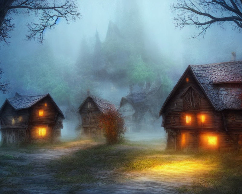 Foggy village with cozy cabins in autumn setting