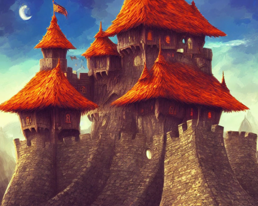 Fantasy castle with orange thatched roofs on rocky outcrop under twilight sky