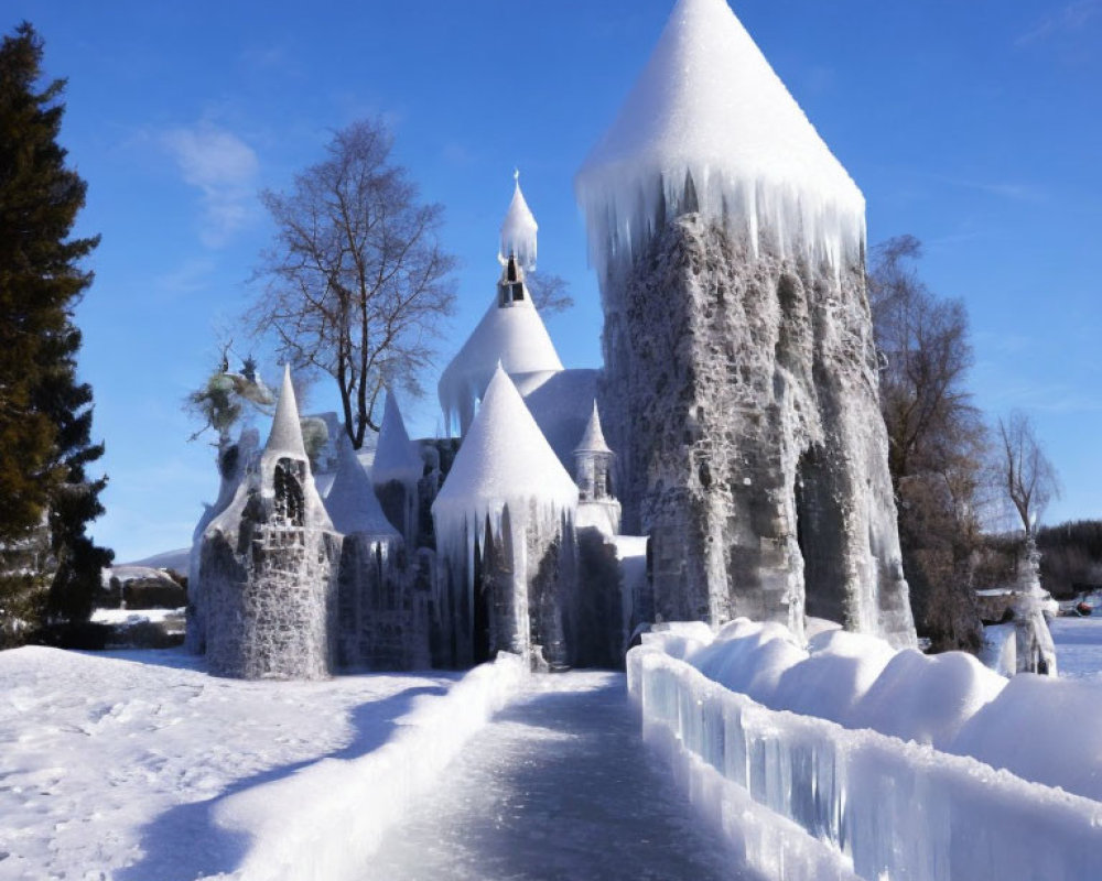 Snow-covered church with tall icicles in wintery landscape