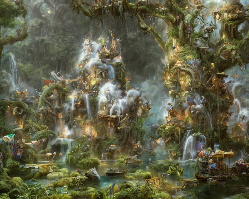 Enchanting forest scene with waterfalls, mist, and fanciful creatures in lush greenery