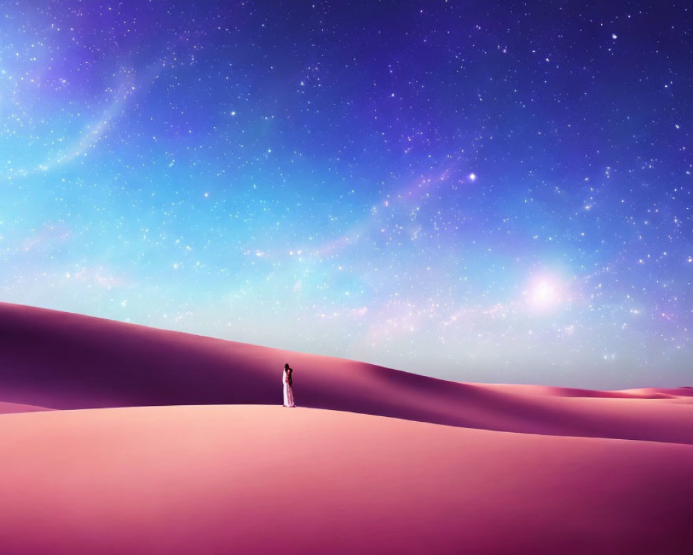 Person standing on purple sand dune under starry night sky with cosmic dust.