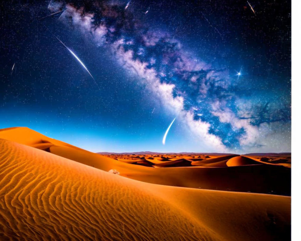 Starry Night Sky with Shooting Stars Above Golden Sand Dunes