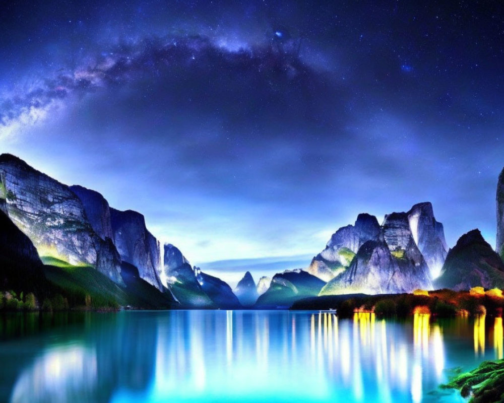 Starry night sky reflected in serene lake with twilight mountains