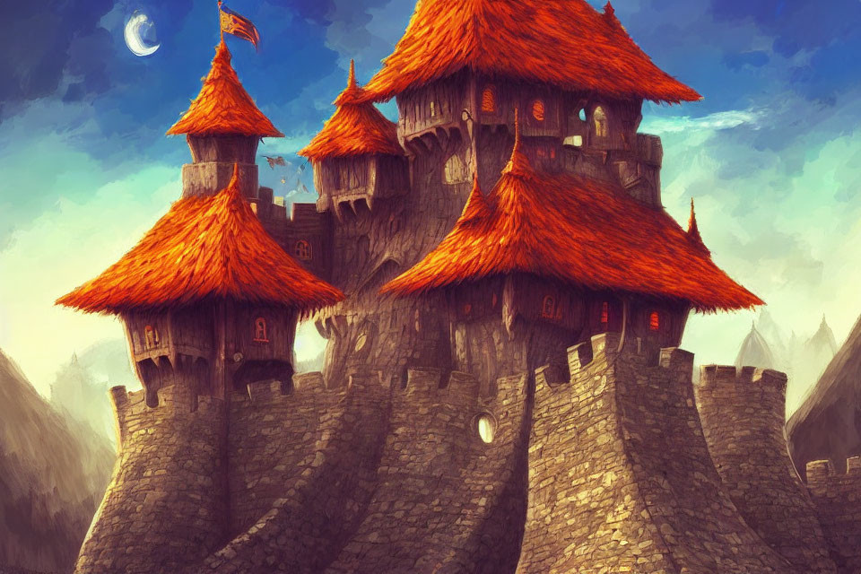 Fantasy castle with orange thatched roofs on rocky outcrop under twilight sky