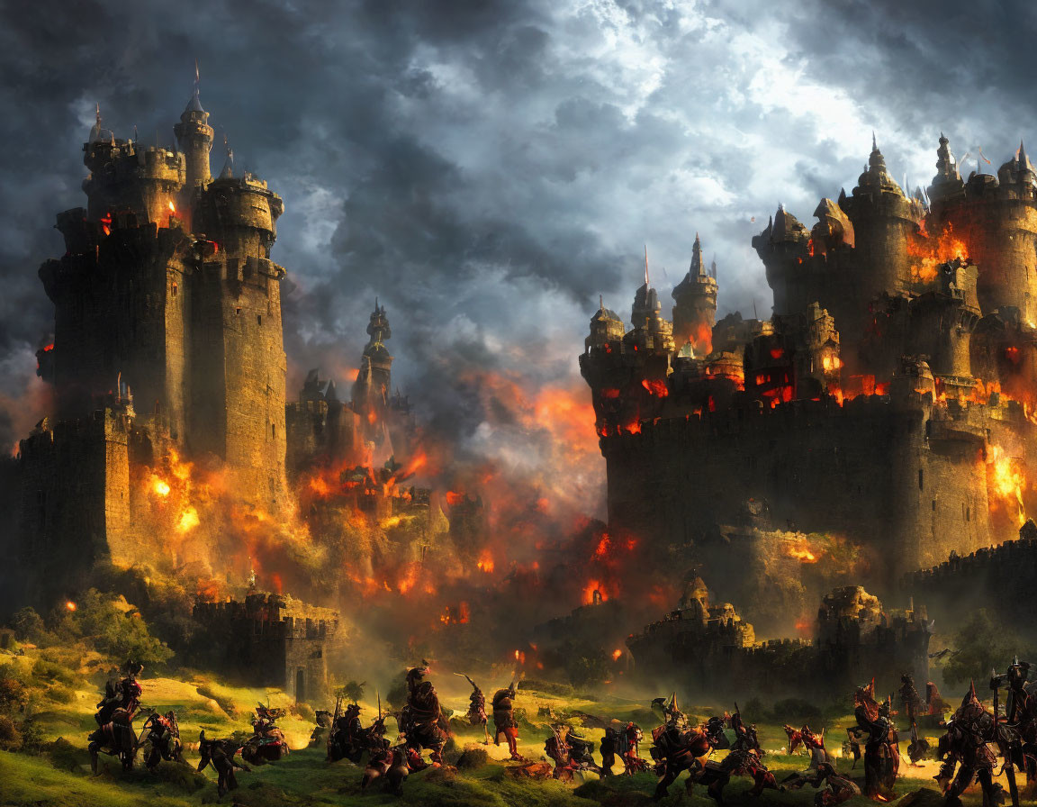 Medieval castle engulfed in flames under siege by army in stormy sky