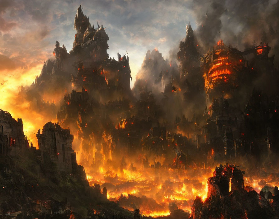 Apocalyptic landscape with fiery lava flows and destroyed buildings