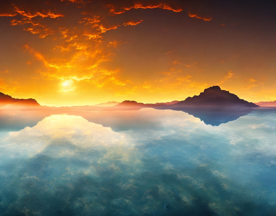 Tranquil mountain landscape at sunset with warm hues and mist-covered water