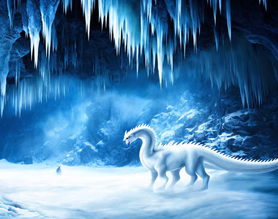 White dragon in icy cave with sharp icicles and soft glow