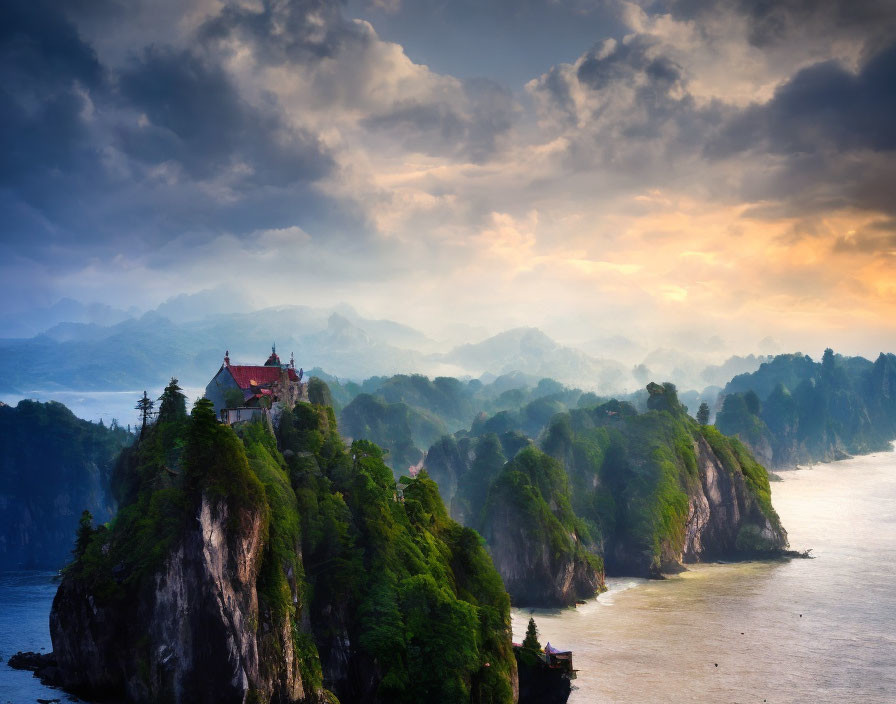 Majestic castle on cliff above river in forested hills at sunset