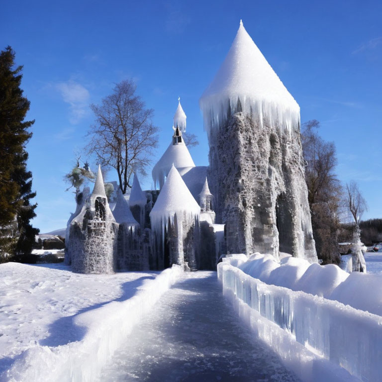 Snow-covered church with tall icicles in wintery landscape