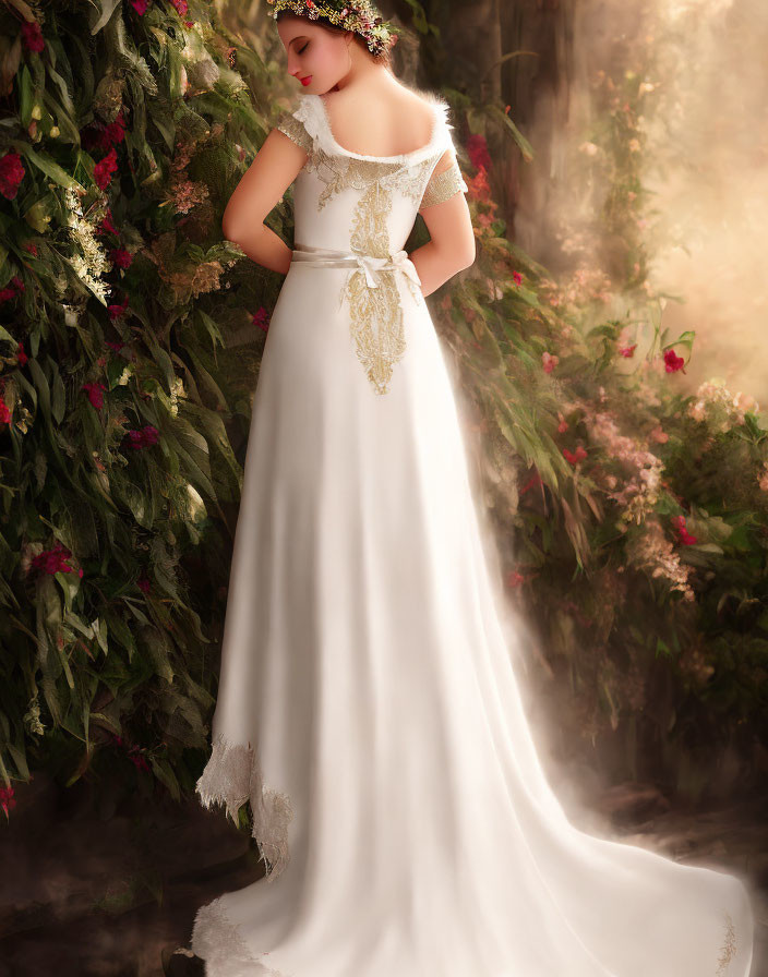 Woman in elegant white gown with lace details and floral headpiece surrounded by flowering bushes in soft light