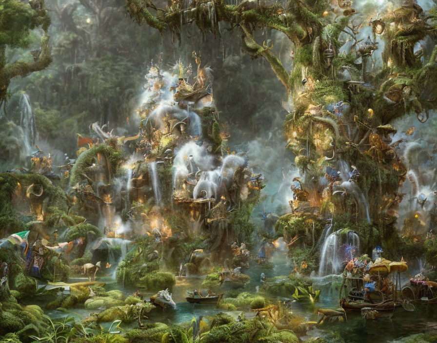 Enchanting forest scene with waterfalls, mist, and fanciful creatures in lush greenery