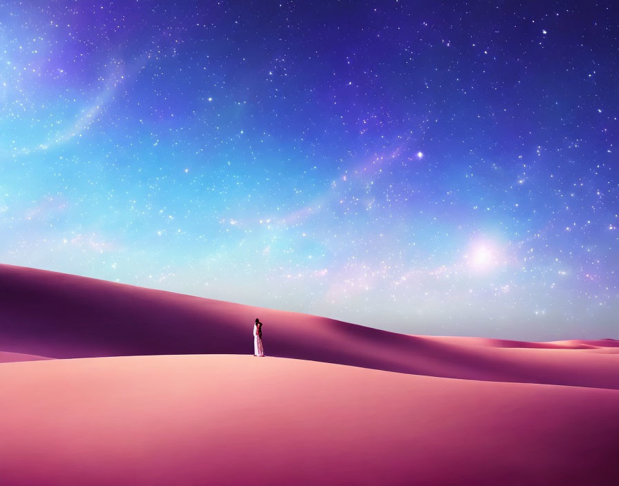 Person standing on purple sand dune under starry night sky with cosmic dust.