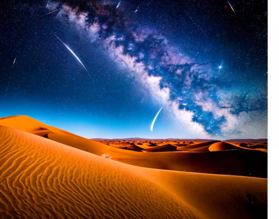 Starry Night Sky with Shooting Stars Above Golden Sand Dunes