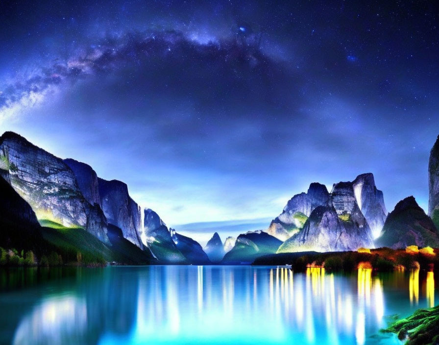 Starry night sky reflected in serene lake with twilight mountains