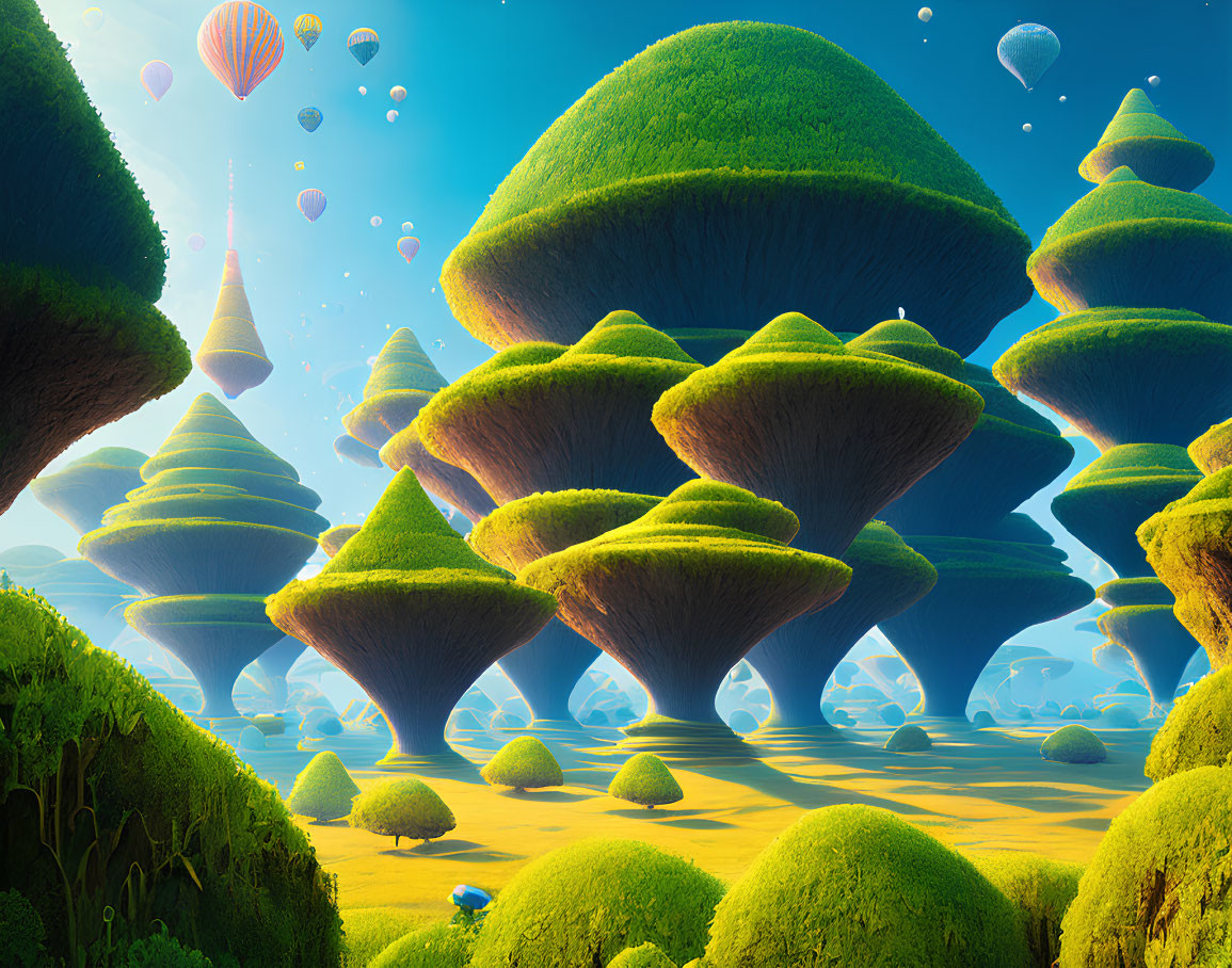 Colorful landscape with oversized mushroom trees and hot air balloons in sunny environment