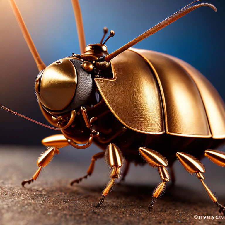 Detailed Metallic Golden Beetle on Blurry Blue Background