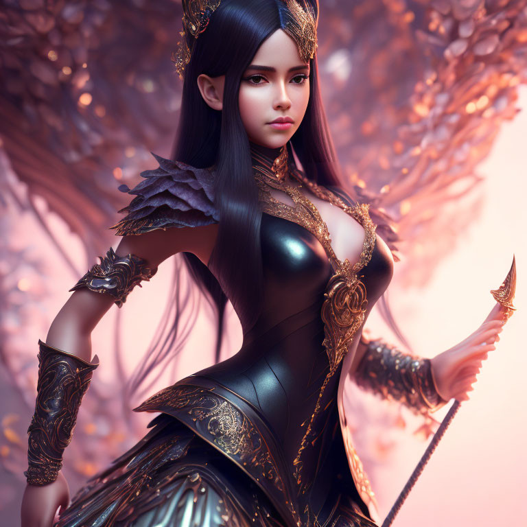 Fantasy female warrior digital artwork with golden armor and glowing wings