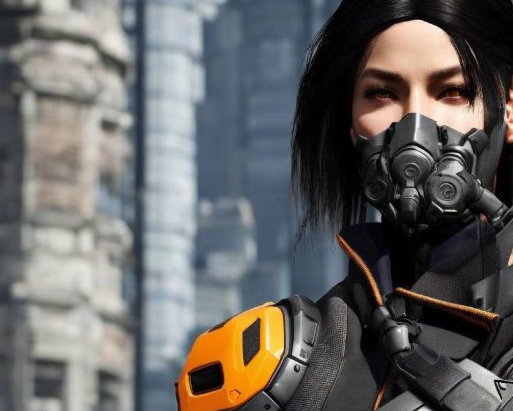 Futuristic character with black hair and mask in orange and gray combat suit