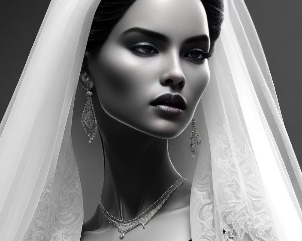 Monochrome bridal portrait with veil, dramatic makeup, and elegant jewelry