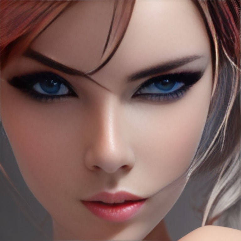 Female digital character with blue eyes and bold eyeliner on neutral background