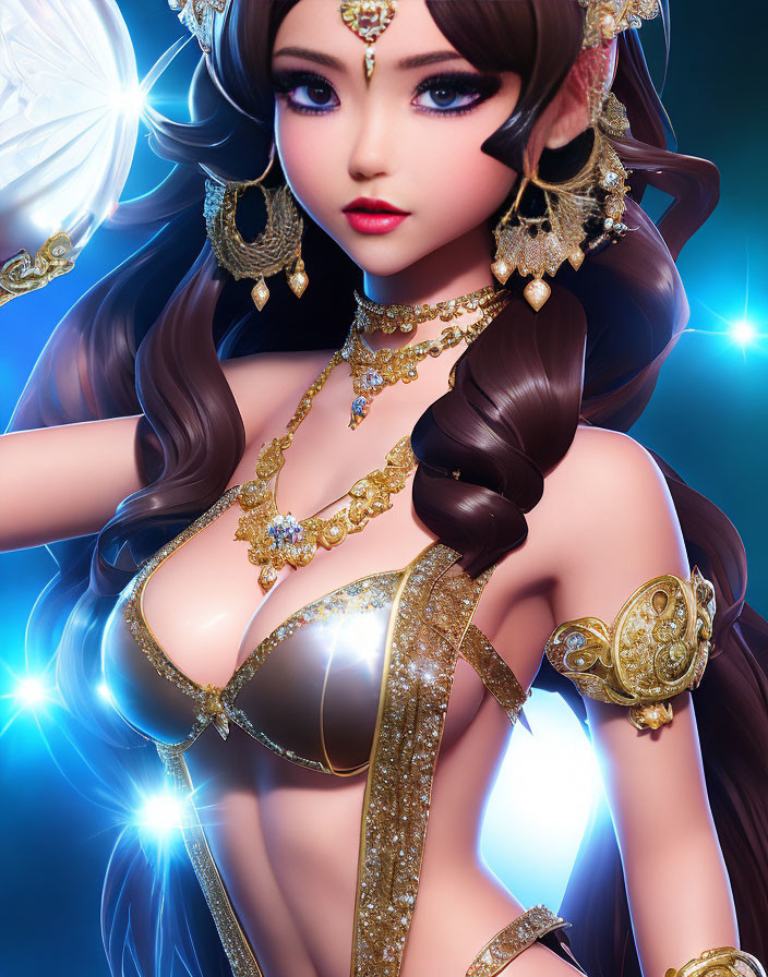 Digital artwork of female character in gold jewelry and headdress with brown eyes in blue glow