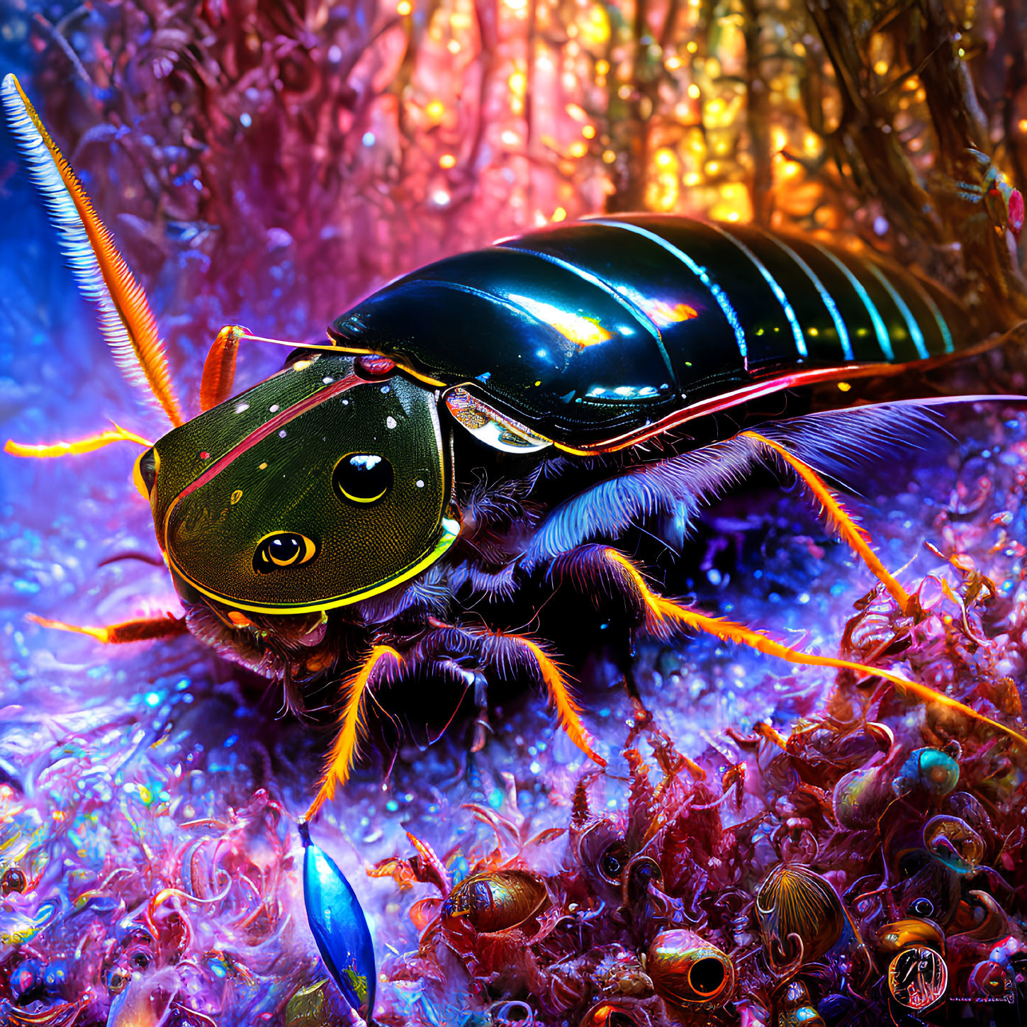 Colorful digital artwork: Beetle with glossy shell on fantastical background