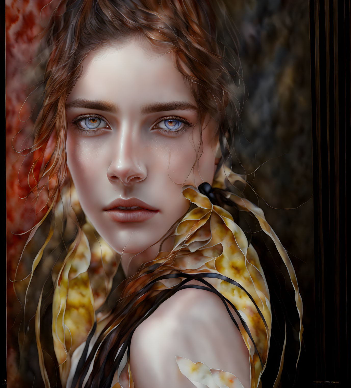 Digital artwork: Woman with blue eyes, wavy hair & autumn leaves.